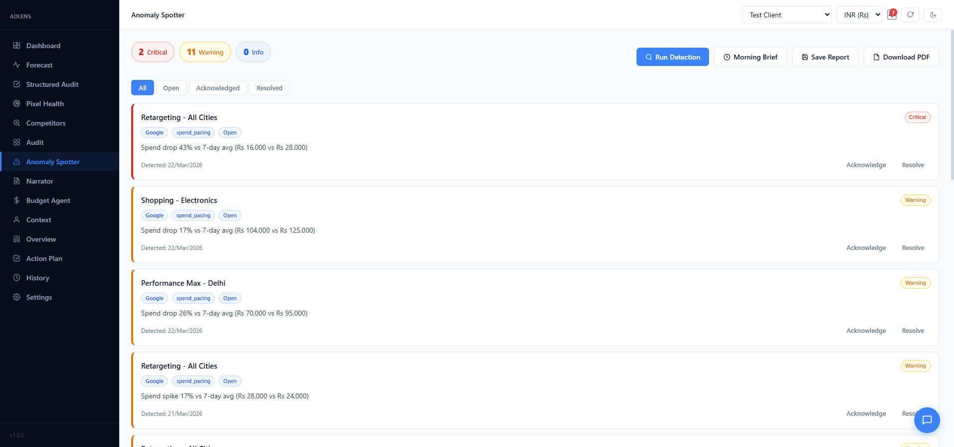 Ads OS anomaly spotter showing critical and warning flags