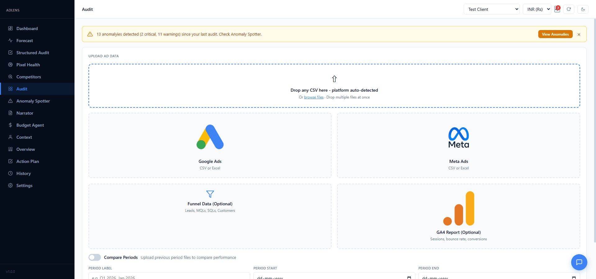 Ads OS audit section showing campaign data and AI copilot