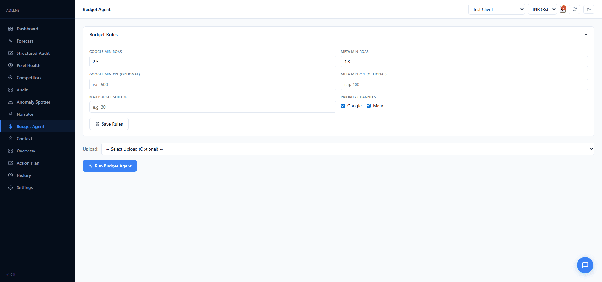 Ads OS budget agent with ROAS rules and reallocation table